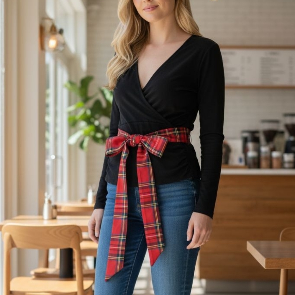 NWT J Crew Size XL FormKnit Long-Sleeve Wrap Top with a Tartan Plaid Bow!